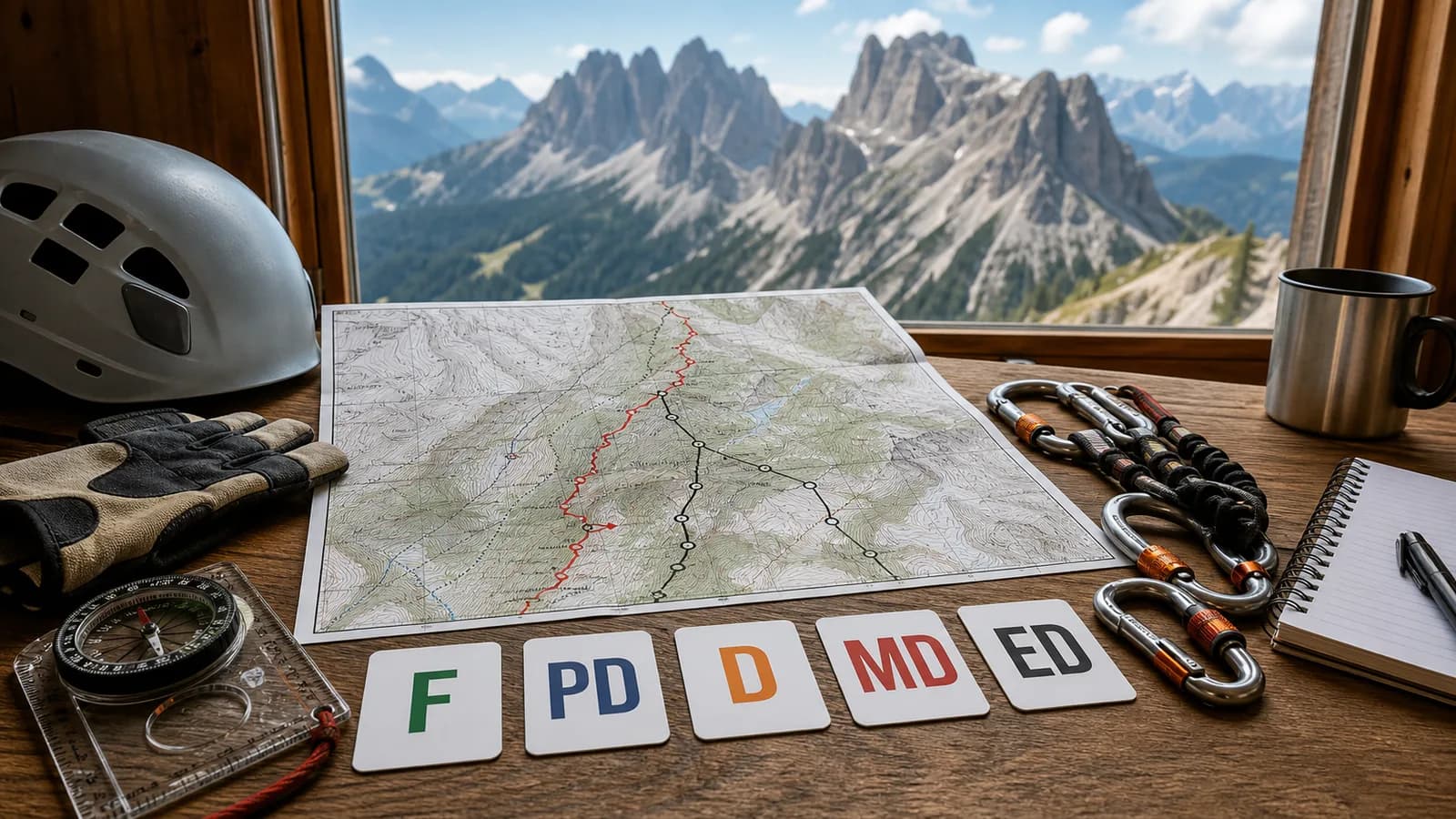 Via ferrata difficulty: grades F, PD, D, MD, and ED